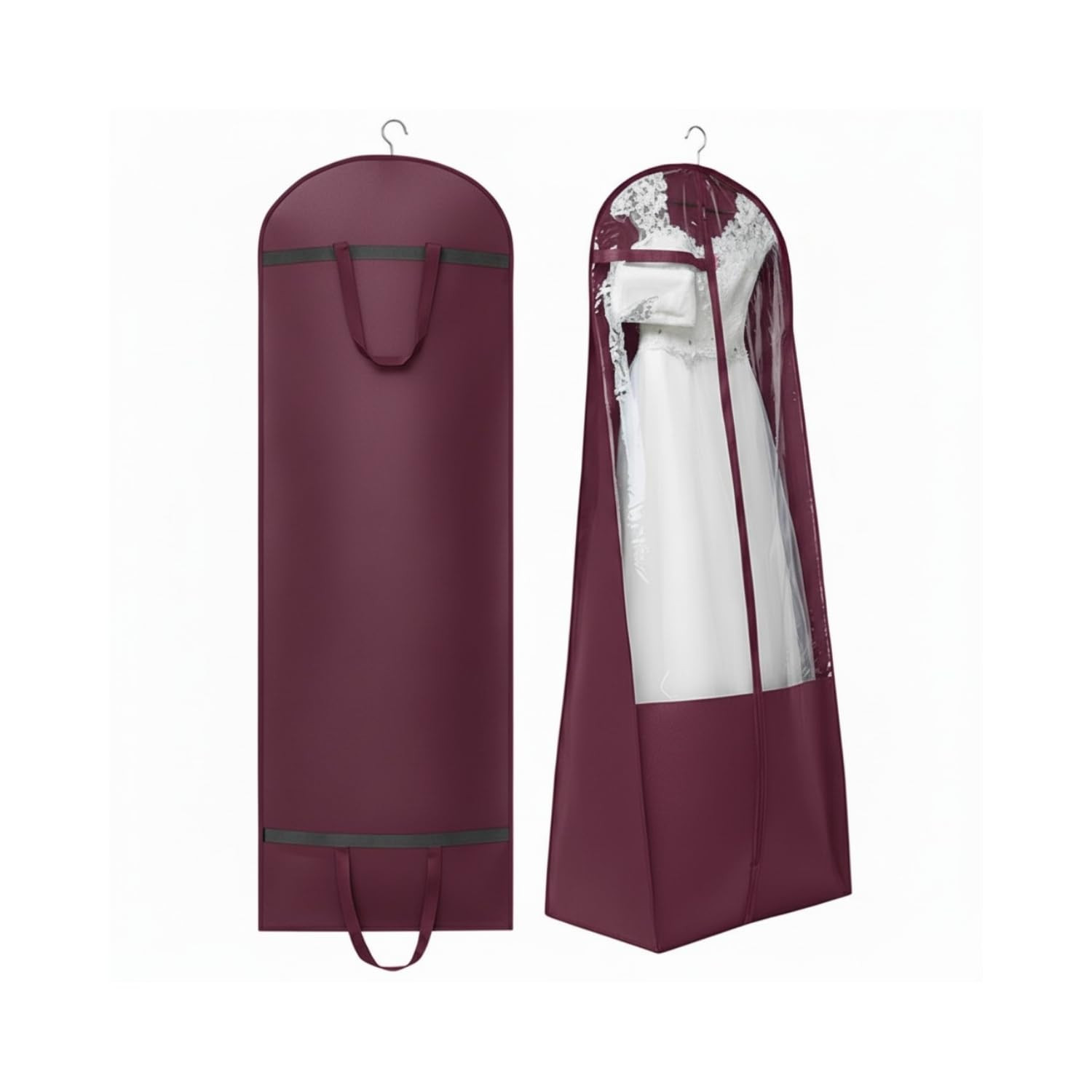 Premium Long Dress Cover with Transparent Front | Waterproof Garment Storage Bag for Bridal Gown, Lehenga, Saree & Gowns | Dustproof Hanging Organizer for Travel & Wardrobe (1, Mahoon)