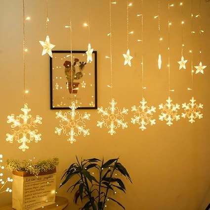 Plastic Led 12 Snow Flake Curtain Lights 138 Led 8.2 Feet Curtains String Lights Window Curtain Lights Sourced (3 Meter, Warm White) (String Light) Ac (Snow Flake Curtain)