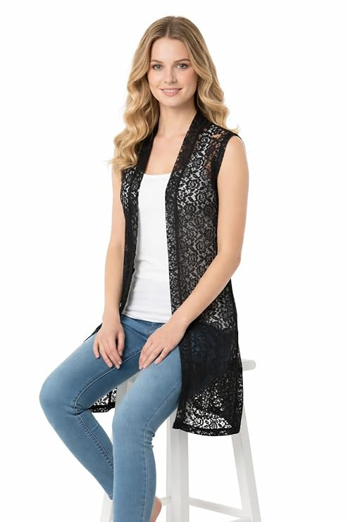 Women's Black Lace Longline Shrug | Sheer Floral Sleeveless Lightweight Long Shrug for Girl and Women