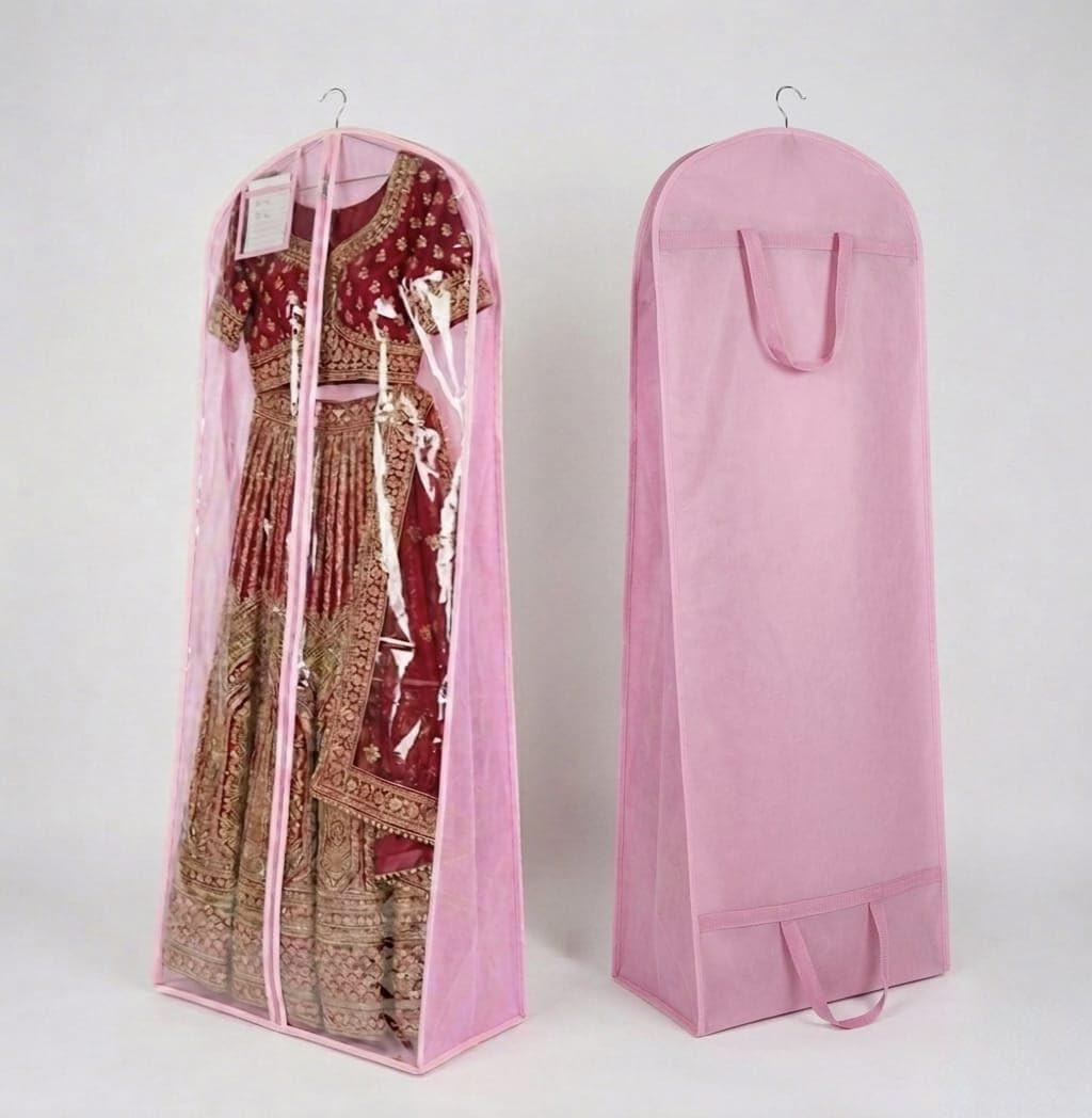 70-Inch Bridal Wedding Dress Garment Bag with 15.7-Inch Gusset | Long Gown Storage Cover for Wedding Dresses, Lehengas, Prom & Party Gowns (Pink, Pack Of 1)