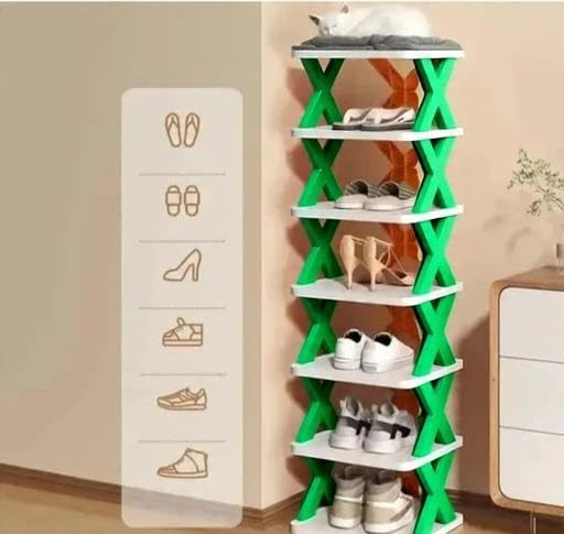 6 Layer Foldable Shoe Rack, Plastic Shoe Stand Organizer for Home, Stackable Multipurpose Storage Shelf for Bedroom & Entryway, Durable Footwear Rack (Multicolor, Pack of 1)
