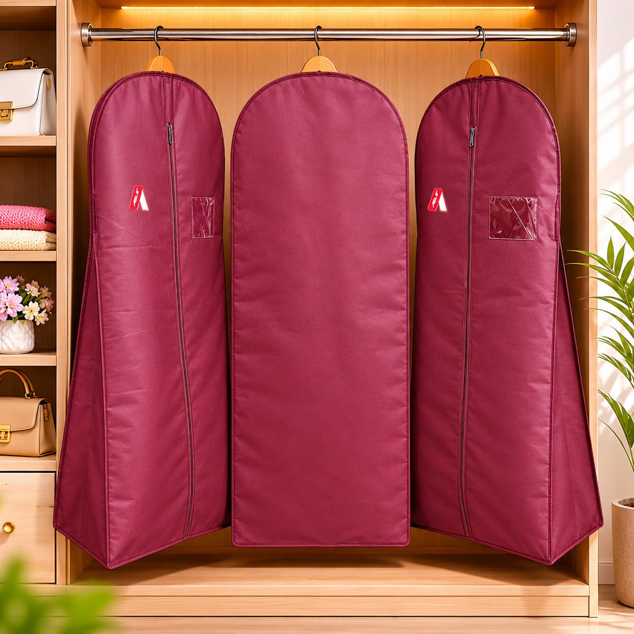 62 Inch Wedding & Lehenga Dress Cover Garment Bag with 14 Inch Gusset, Breathable, Dust Protector, for Extra Wide Dress. Maroon Non-Woven Fabric Pack of 2 Pcs