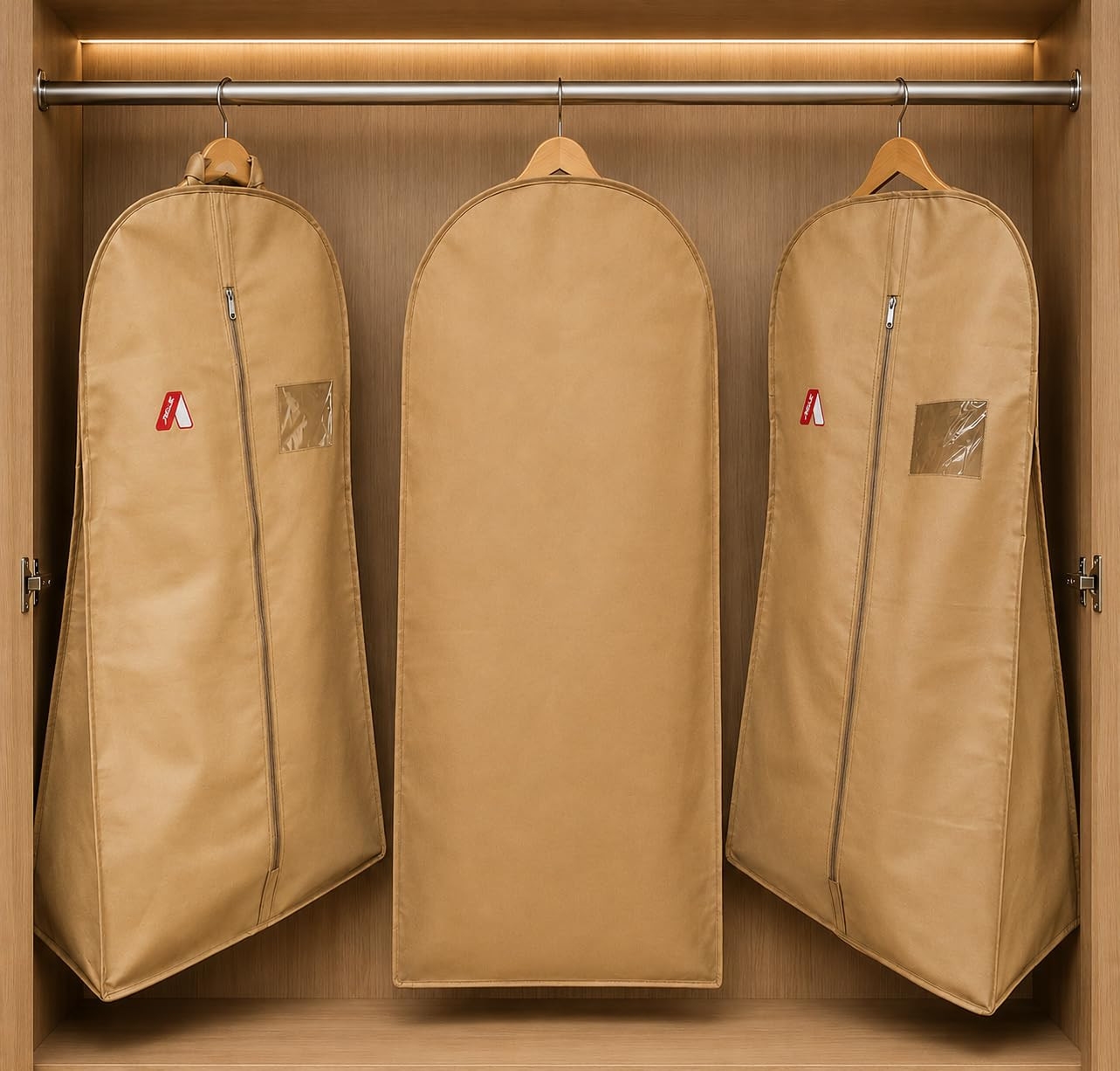 62 Inch Wedding & Lehenga Dress Cover Garment Bag with 14 Inch Gusset, Breathable, Dust Protector, for Extra Wide Dress. Beige Non-Woven Fabric Pack of 2 Pcs