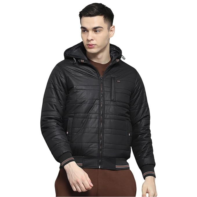 Mens Solid Black Hooded Neck Full Sleeve Jacket