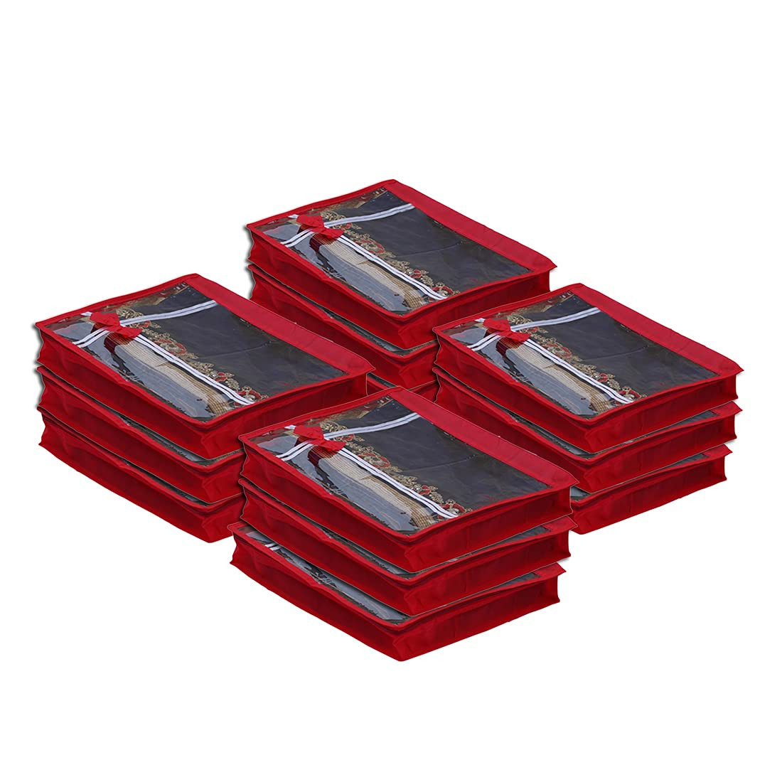 Set Of 12 Pc Flower Design Transparent Saree Cover/Bag with Stainless Steel Zip Lock Combo (Red) (Large) (Non-Woven)
