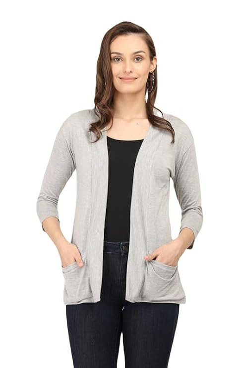 Women's Casual Pink, Grey Solid Cotton Blend Shrug with Pockets for Added Convenience