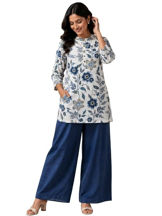 Women Silk Cotton Floral Printed Kurta Top with Palazzo Set - 2 Piece Ethnic Co-Ord Outfit, 3/4 Sleeve Collared Straight Kurti with Wide Leg Palazzo Pants