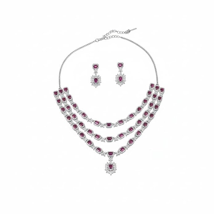 Luxurious 3-Layer Floral Design Necklace & Earrings Set with White & Emerald Ruby Red Cubic Zirconia/American Diamond - Bridal, Wedding, Party & Festival Jewellery for Women -Trendy Fashion Set