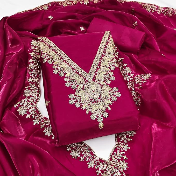 Pakistani Style Silk Unstitched Dress Material for Women, 3 Piece Set with Dupatta, Zari Embroidered, Traditonal Wear