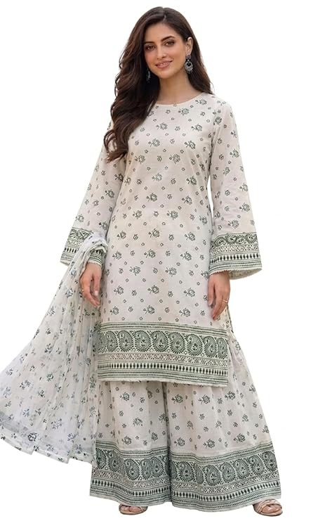 Premium Pure Viscose Rayon Pakistani Suits (Unstitched) with Floral Screen Printed Green on White Fabric | Ethnic | Casual | Traditional | Party | Festival Wear
