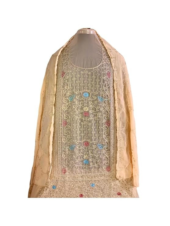 (UNSTITCHED-FREE SIZE) - PEACH COLOR | DRESS MATERIALS | PAKISTANI/INDIAN SUITS SET | ETHNIC/TRADITIONALL WEAR | HEAVY EMBROIDERY |