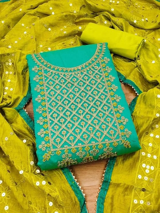 Women's Cotton Blend Embroidery Codding Work Unstitched Salwar Suit Dress Material With Dyable Chanderi Sequence Work Dupatta (B-DM Codding_Free Size)