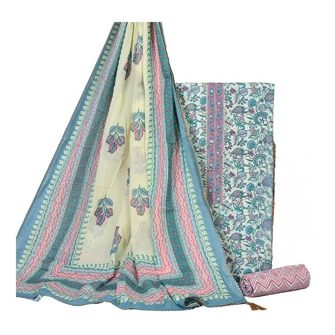 Women's Cotton Hand Block Printed Tie Desgin Unstiched Dress Material With Cotton Dupatta Salwar Suit Set