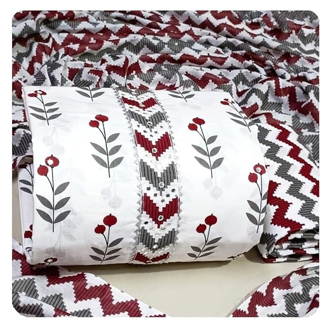 White colour women salwar kameez dupatta cotton dress material unstitched free size,contrast print suit, tikki work.