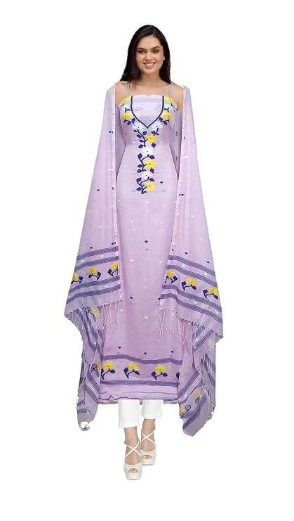 Cotton Blend Jamdani Work Unstitched Salwar Suit Dress Material With Jamdani Work Dupatta (Free Size Upto XXXL) (Pink)