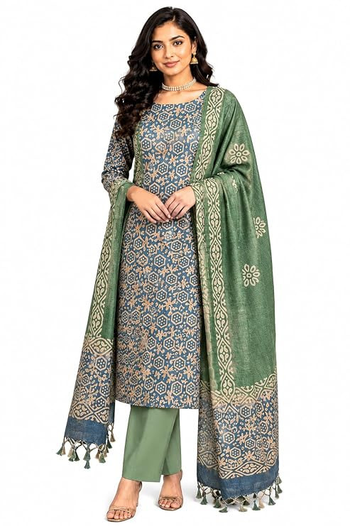 Women's Cotton Silk Batik Print Unstitched Salwar Suit Dress Material with Duputta