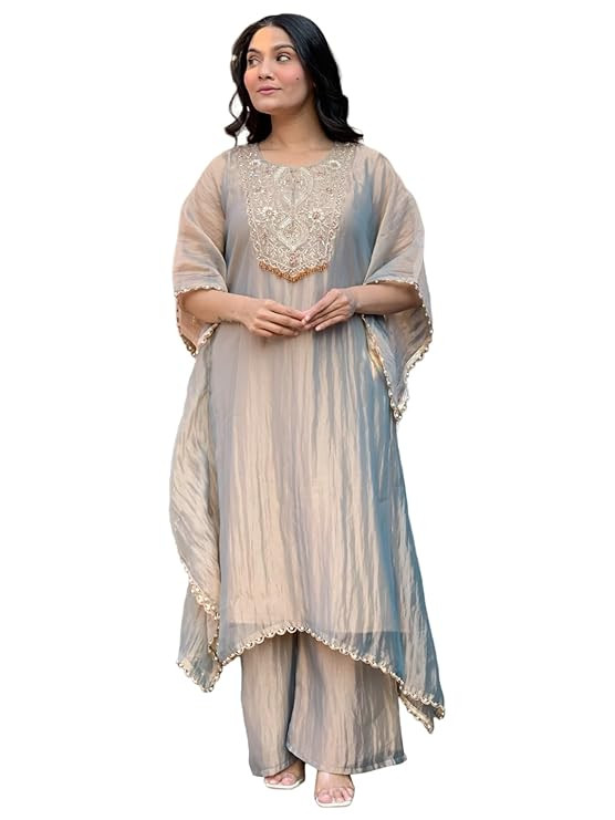 Fendy Glass Embroidered A-Line Kurta with Palazzo for Women | Fendy Glass Grey | Kaftan Sleeve | Round Neck | Ethnic Wear Casual Wear
