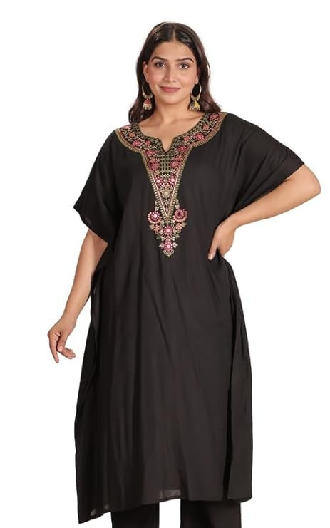 Black Kaftan Kurta for Women | Viscose Rayon Kurta for Ladies | Solid Print Women's Kurta | Women Kurta for Office or Casual Wear | Available in Plus Size, M to 2 XL