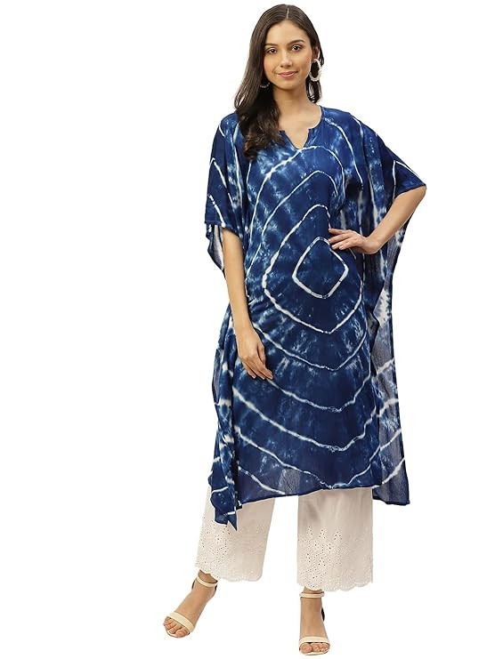Women Handcrafted Tie & Dye Rayon Crepe Kaftan Kurta | Casual Wear | Flowy Kaftan Style | Lightweight & Breathable Fabri