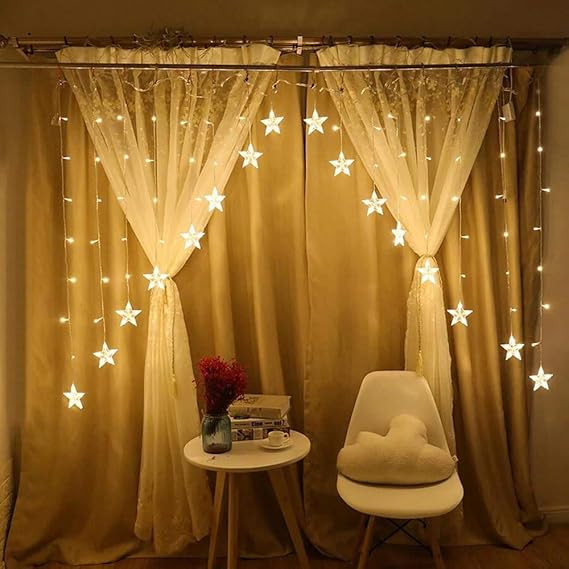 Lexton Decorative Star Curtain Led String/Fairy Light | 16 Stars, 136 LED, 3 Meter with 8 Flashing Mode | Battery Powered | Suitable for Indoor Decorations, Christmas, Diwali (Pack of 1, Warm White)