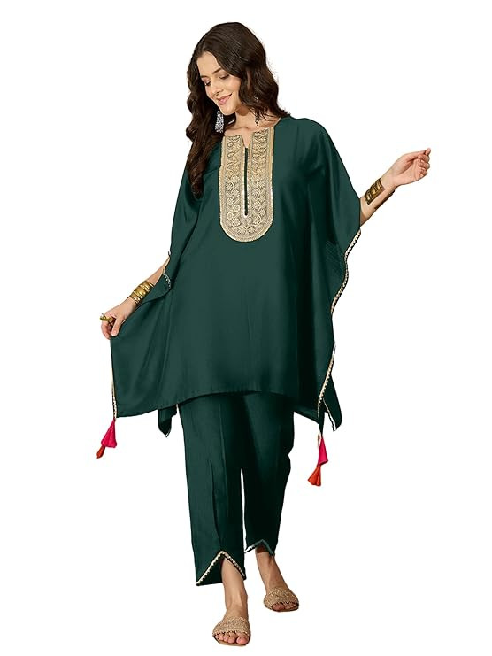 Women's Cotton Silk Embroidered Kaftan Kurta with Pant Set | Co Ord Set for Women Stylish | Kurta Set for Women | Wedding Outfit