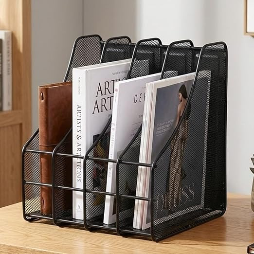 Metal Mesh File Organizer – 4 Compartments Heavy Duty Desk Rack for Documents, Magazines & Binders Storage – Easy to Assemble Vertical Holder for Office & Home (Black)