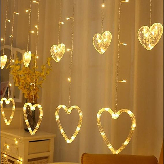 130 LED Heart Shape Curtain String Lights with 8 Flashing Modes Decoration (12 Hearts, Warm White).