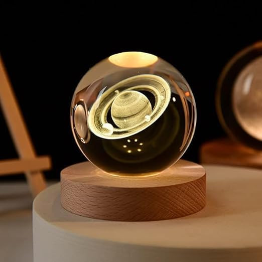 Ball Night LED Light, 2.4 Inch Glass Ball With Woodern Base Table Lamp Night Lamp (7.5 Cm, Universe C Ball) (Saturn Crystal Ball)