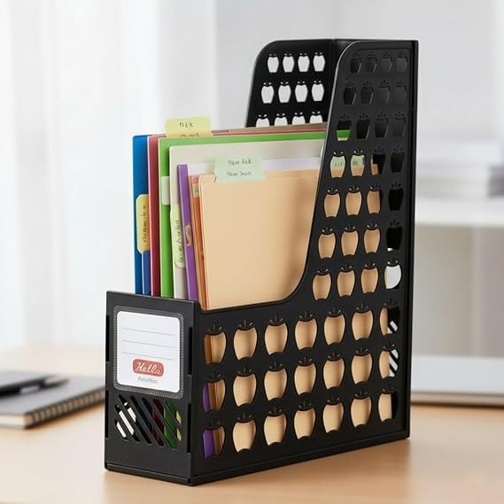 Office Desktop Organizer Book Document Storage Rack File Holder Folding Paper File Rack (Plastic Rack, Black)