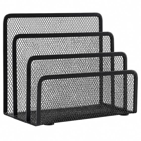 Metal Mesh Shelf Dividers Cabinet Document Tray 3 Compartments Desktop File Organizer, Black, 3-Tier Magazine Holder, Paper Document Rack for Home Office, Tabletop Storage