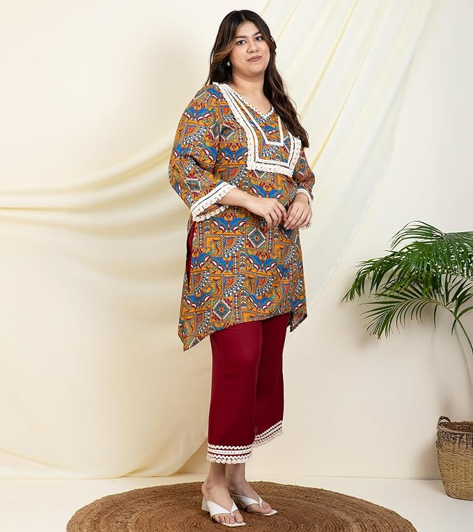 Geometrical Print Rayon Kurta & Palazzo Indo Western Plus Size Co-Ord Set for Women's|V Neck 3/4 Bell Sleeves|Ladies Party Outfits Ethnic Summer Collection Stylish Fusion Wear