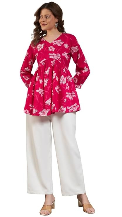 Rayon Floral Printed Peplum Top for Women | V Neck Short Kurti | 3/4 Sleeves Top | Regular Fit Flared Tunic for Office | Casual Ethnic Styling