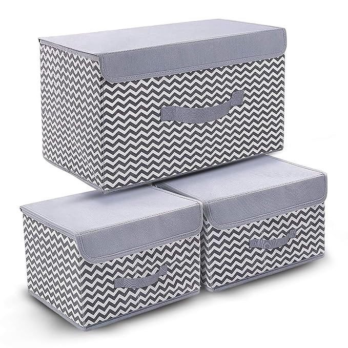 FLYNGO 3 Pcs Foldable Storage Box Organiser with Lid, Versatile Storage Basket Bins for Wardrobe, Clothes, Toys, Books, and Other Supplies (1 Large + 2 Small)