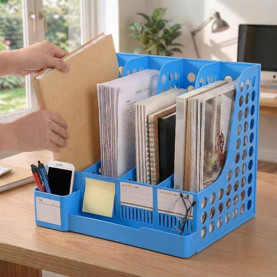 4 Compartments File Rack Organizer with Pen Holder, File Racks for Home & Office – Compact Multi-Use File Rack for Documents Shelf Storage Rack (Blue)