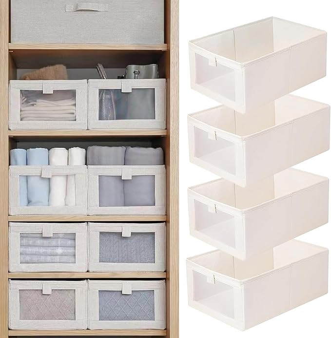 FLYNGO 4 Pcs Linen Wardrobe Organizer for Clothes Organiser Storage Box with Clear Window, Foldable Closet Organiser Basket for Clothing, Jeans, Pants, T Shirts, Toys | 40 x 27 x 17 Centimeters