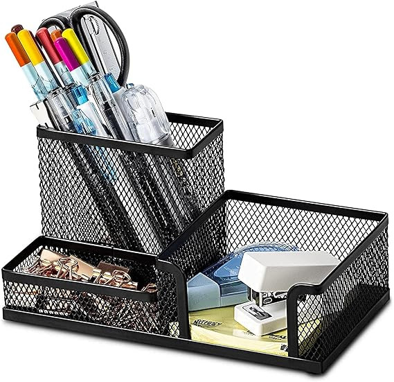 Metal Mesh Desk Organizer Pen Holder | Wire Frame Storage Stand for Office, Study & Makeup | Compact Stationery Organizer for Pens, Pencils & Accessories | Home & Desk Décor (3 Compartment)
