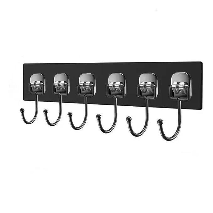 1 PCS Row Self Adhesive Wall Hooks Heavy Duty No Drill Sticker Hook Plate for Kitchen Bathroom Door Clothes Keys Bags Seamless Wall Hanger Sticky Hook Organizer Black Row Hook