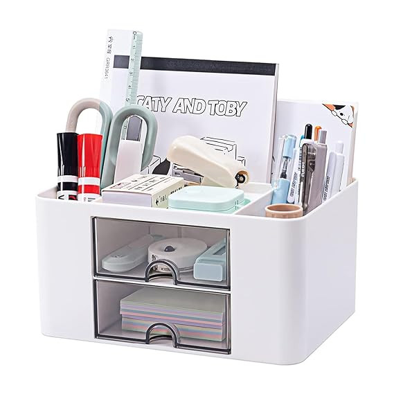 Desk Organizer with 2 Drawers | Multi-Functional Stationery Holder for Office, Study Table, Home | 5 Compartment Pen, Pencil, Marker Storage Box for School & Art Supplies (White)