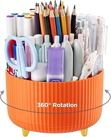 Shuttle Art Desk Organizer Pen Holder 360° Rotating Pencil Holder with 5 Compartments, Spinning Desk Storage Caddy for Pens Markers Colored Pencils Makeup Office School Home Desk Accessories (Orange)