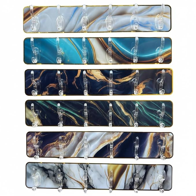 1 PCS Printed Self Adhesive Wall Hooks 6 Hook Marble Pattern with Gold Trim Waterproof No Drill Heavy Duty Wall Hanger for Kitchen Bathroom Bedroom Home Organizer