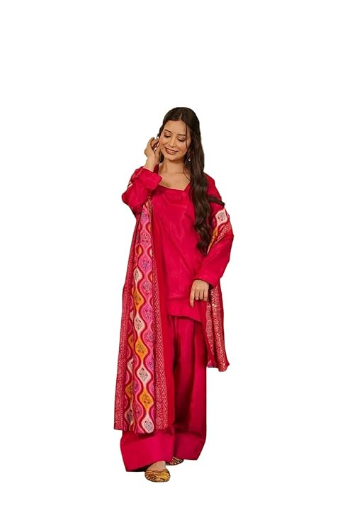 Women's Pink Silk Crepe Straight Kurta Set With Patiala Pant And Printed Dupatta