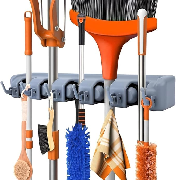Wall Mounted Broom Holder – 5 Slot 6 Hook Mop & Stick Organizer Stand for Broomsticks, Mops, Cleaning Tools, Jhadu Holder for Bathroom, Kitchen, Utility Room, Wall Storage Rack Hanger