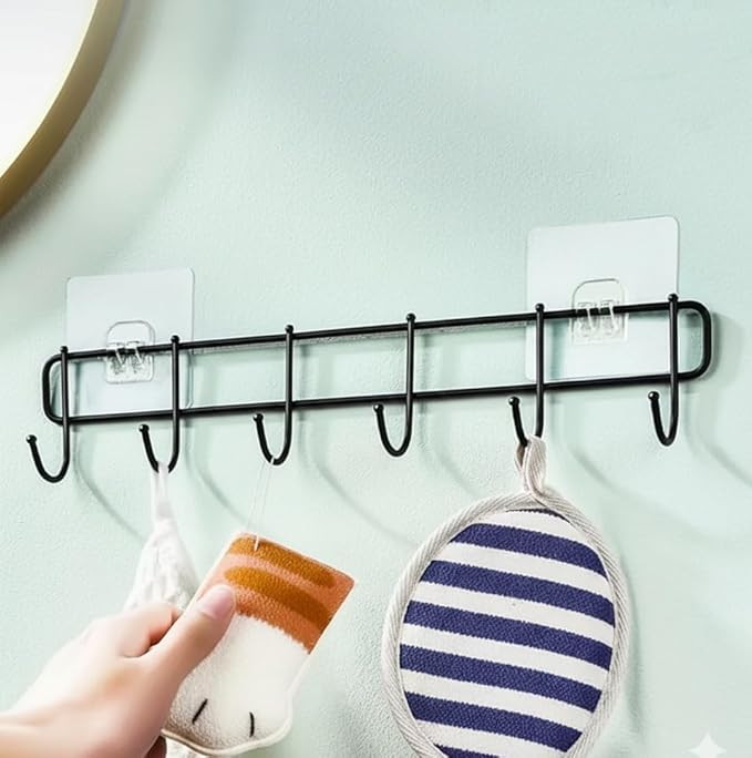 Heavy Duty Adhesive Wall Hooks Rack | No Drill Multipurpose Kitchen & Bathroom Organizer | Strong Self Adhesive Hanging Hooks for Towels, Utensils, Clothes, Bags (Black, 6 Hooks)