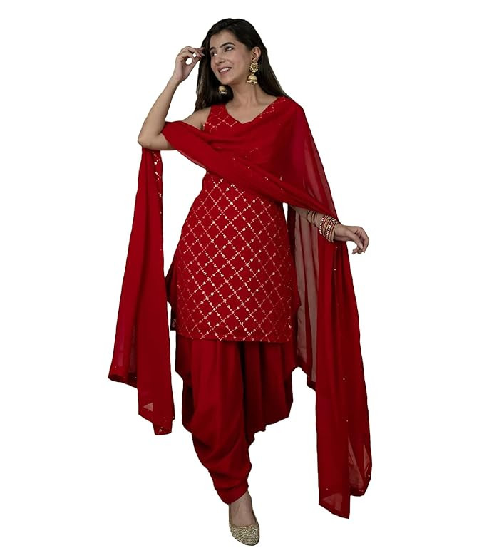 Red Color Readymade punjabi Style Festival Wear Kurta patiala Set with Dupatta