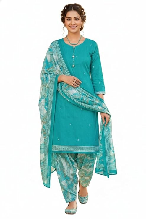 Turquoise Cotton Blend Printed Ready to Wear Patiala Salwar Suit