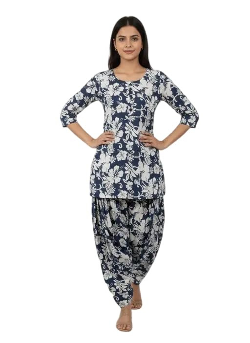 Women's Round Neck 3/4th Sleeves Regular Fit Floral Print Kneelength Salwar and Patiala Set PatialaSet_Floral_15_Dblue,L Dark Blue