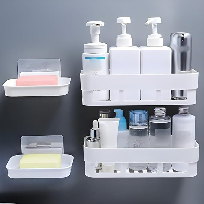 Plastic Self Adhesive Multipurpose Wall Mount Bathroom Shelf For Wall Soap Dish Holder For Wall Bathroom Accessories Utensils Rack Organiser(White,2 Bathroom Shelves & 2 Soap Dish Holder)
