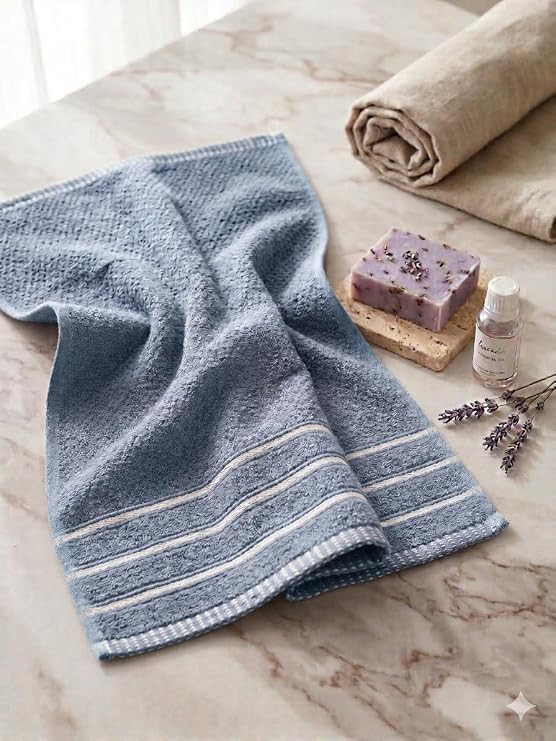 100% Cotton Hand & Gym Towel Set of 2 (41x61 cm) – 400 GSM Ultra Soft, Quick Dry, Highly Absorbent & Lightweight Striped Border Towels for Men, Women & Kids, Bathroom & Kitchen Use (Powder Blue)