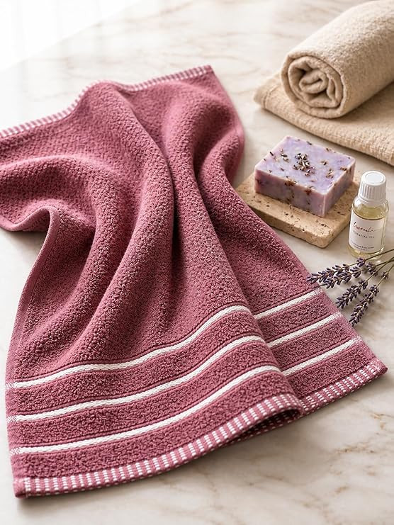 100% Cotton Hand & Gym Towel Set of 2 (41x61 cm) – 400 GSM Ultra Soft, Quick Dry, Highly Absorbent & Lightweight Striped Border Towels for Men, Women & Kids, Bathroom & Kitchen Use (Dusty Rose Pink)