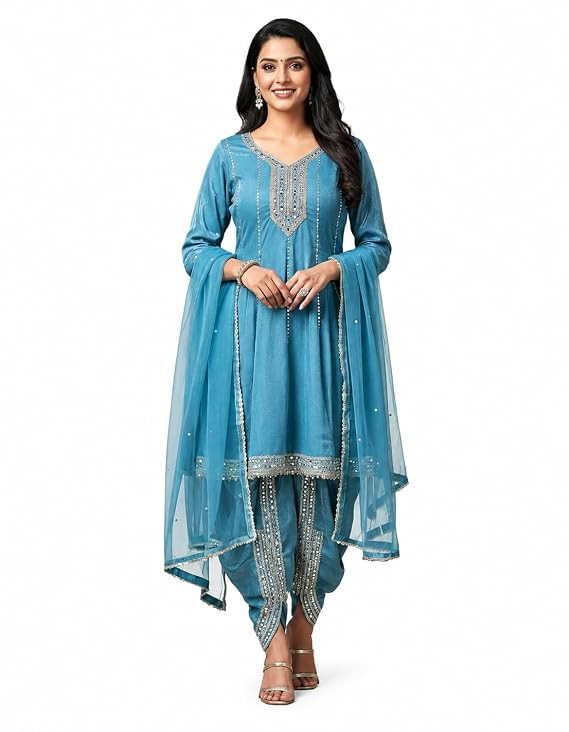 Ethnic Kurta Set with Dhoti Salwar and Net Dupatta | Complete 3-Piece Set Includes: 1 Embroidered Kurta 1 Dhoti Salwar 1 Soft Net Dupatta